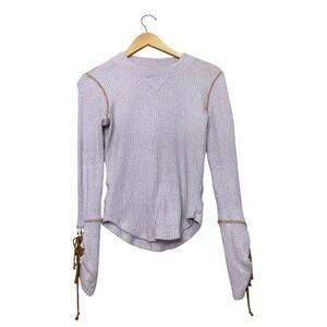 Free People Lilac Thermal Waffle Knit Lace Up Sleeve Top Cream